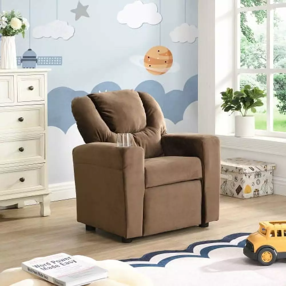Goldmeet Kids Velvet Recliner Chair Cup Holder and Footrest