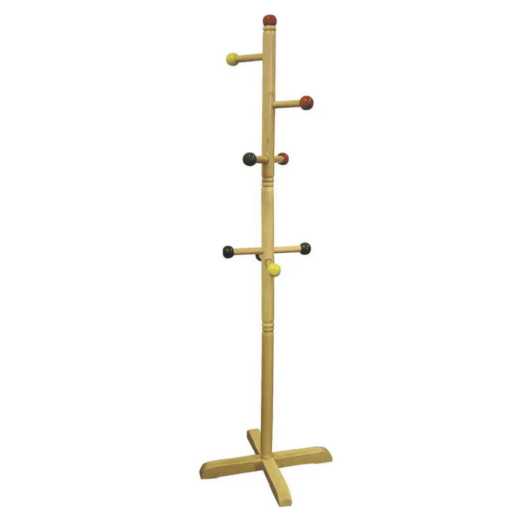 49.5 Inch Tall Wooden Kids Standing Coat Rack 8 Colored Pegs Natural Finish california home