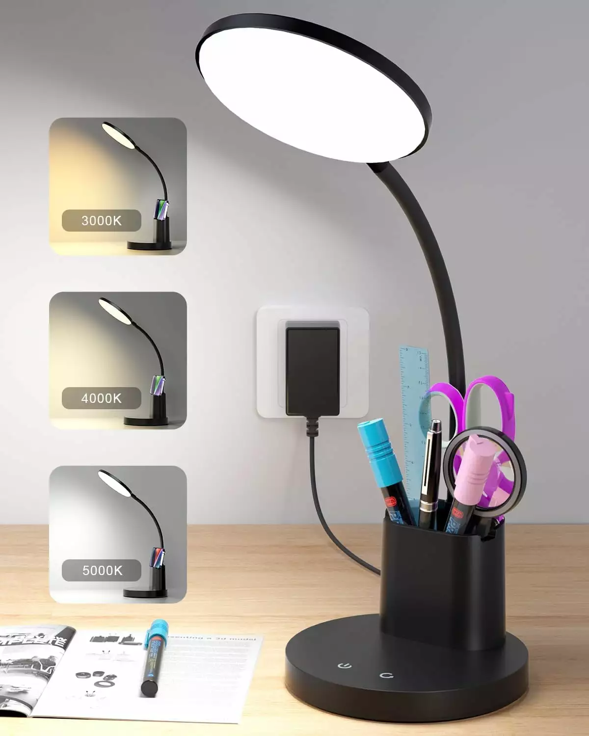 Desk Lamp College Dorm Room Kids Small Lamp Pen Holder 360 Gooseneck Touch Control