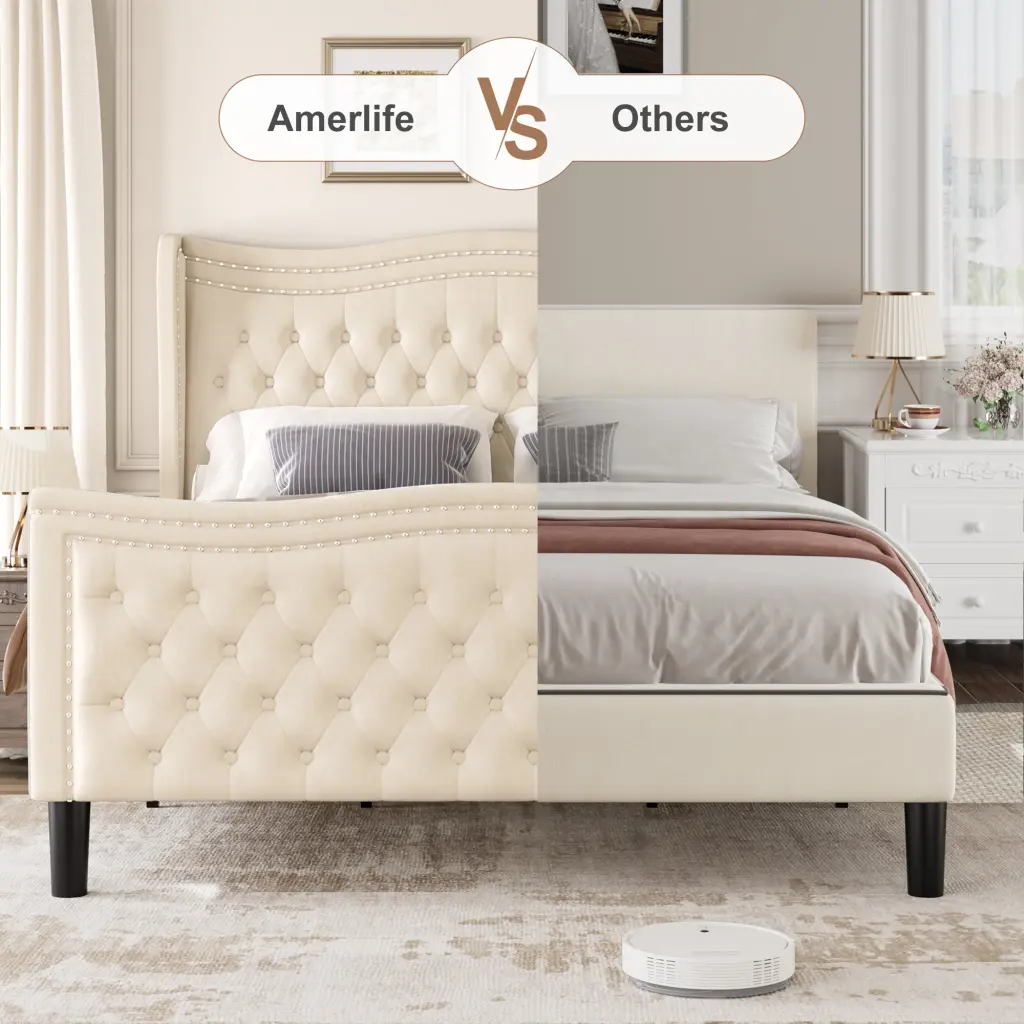 Lift Up Velvet Beige King Size Bed Frame No Box Spring Required aobang furniture