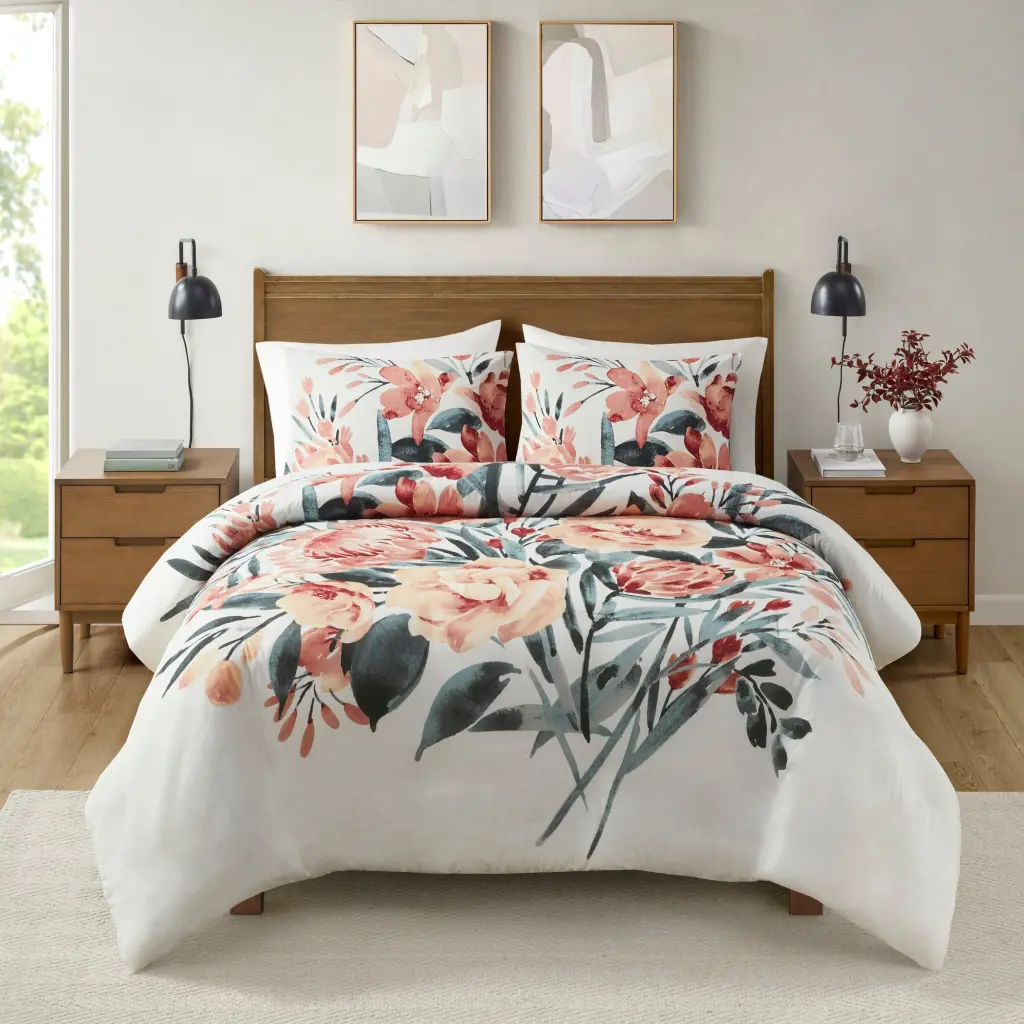 3 Piece Floral Cotton Duvet Cover Set King Multicolor Cotton jla