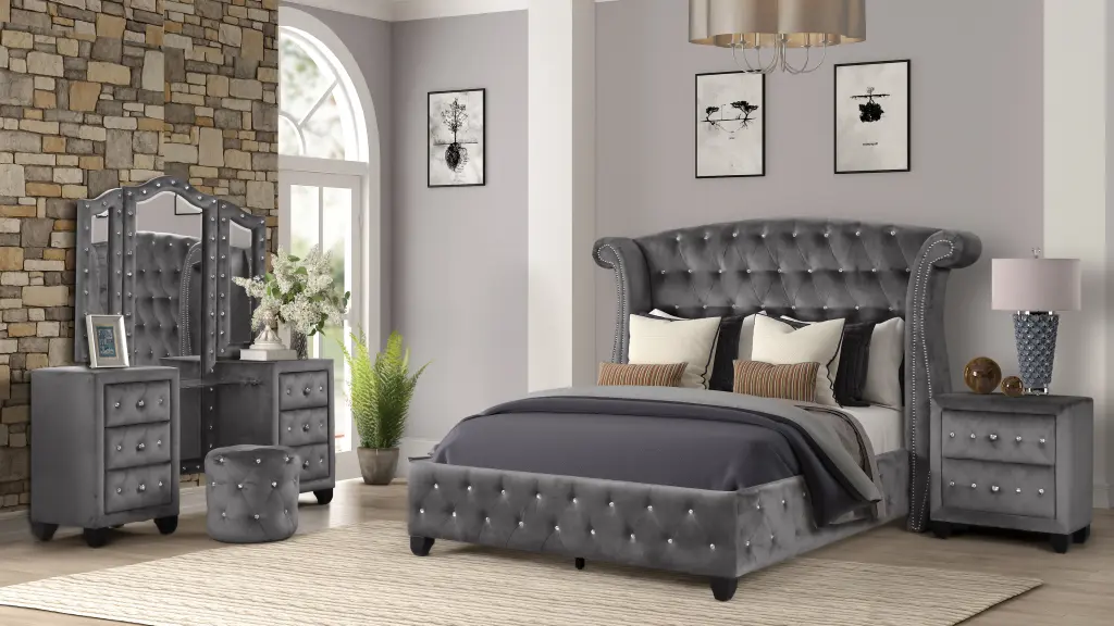 Modern Style Crystal Tufted King 4 Piece Bed Set Includes King Size Bed And Nightstands galaxy home furnishings