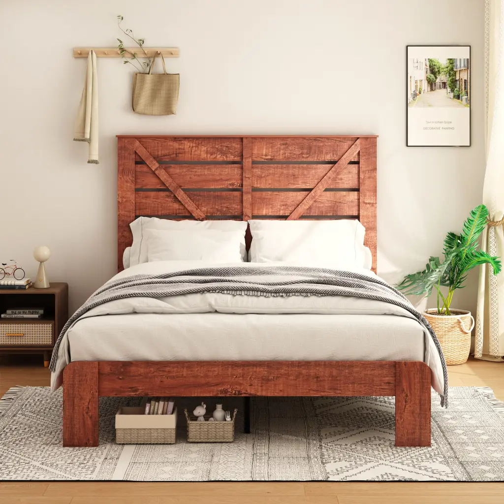 King Bed Frame Headboard Wood Platform No Box Spring Needed jhomier furniture