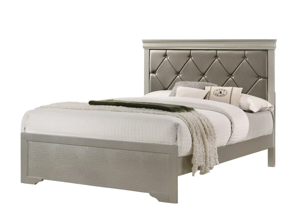 Modern 1 Piece Beige Champagne Finish King Size Panel Bed Wooden Crocodile Texture kanepe