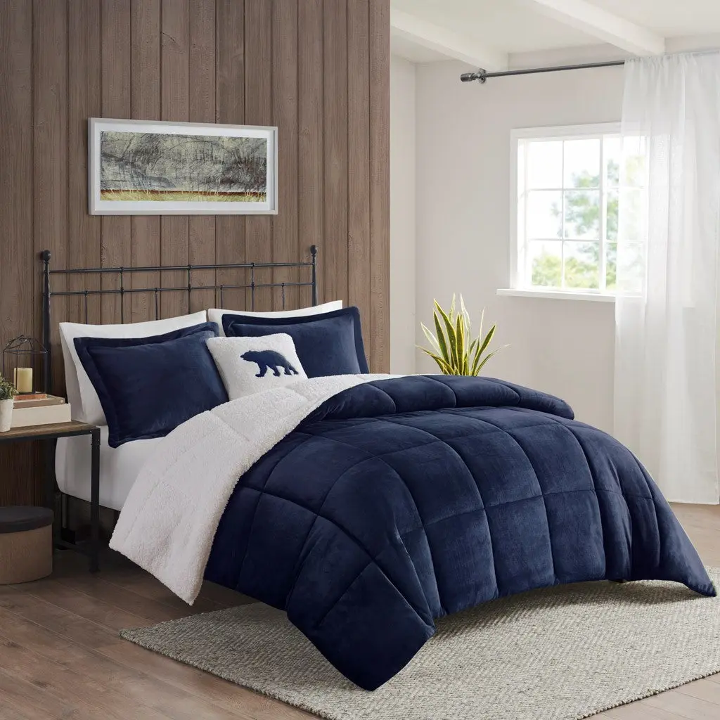 Plush to Sherpa Down Alternative Easeer Set King Navy Ivory Polyester Bedding Comforter jla