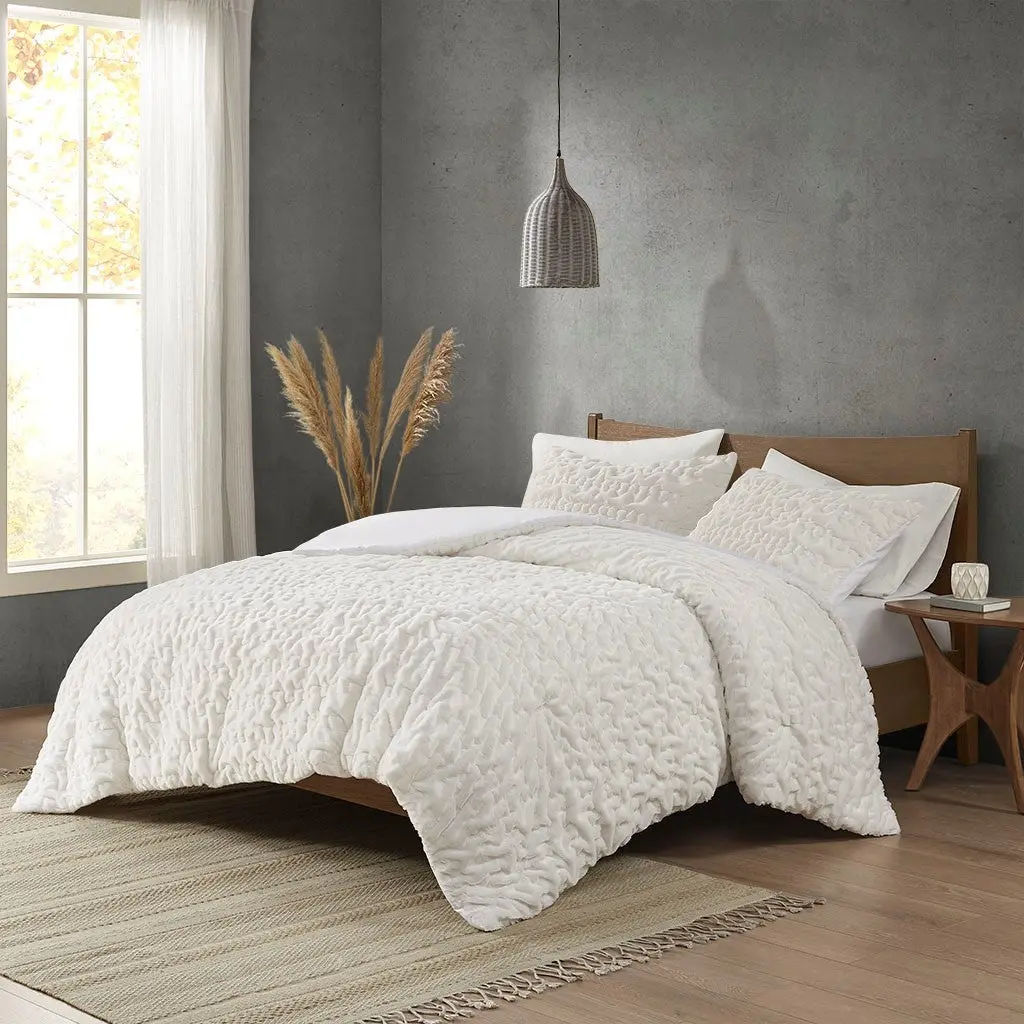 Ruched Fur Down Alternative Easeer Set King Ivory Polyester Bedding jla