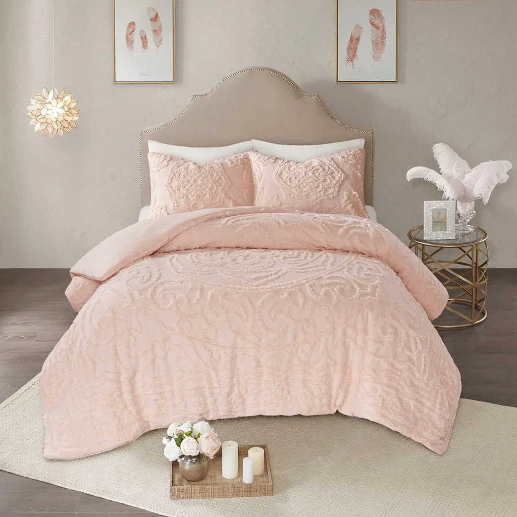 3 Piece Tufted Cotton Chenille Medallion Duvet Cover Set King Size Pink jla