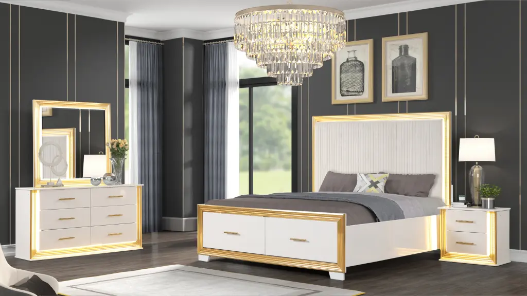 Contemporary 4 Piece King Bedroom Set Wood Frame and Gold Finish Box Spring galaxy home furnishings