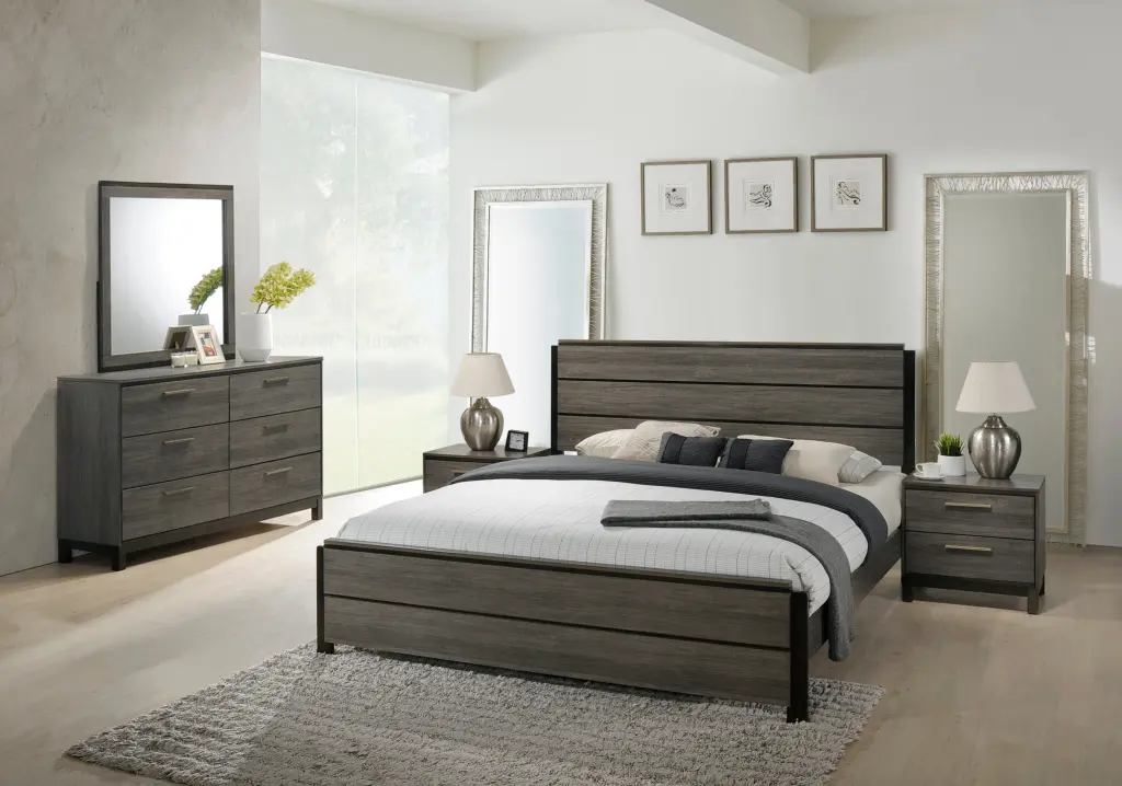 Ioana Antique Grey Wood 5 Piece King Size Bedroom Set Dresser Mirror hz