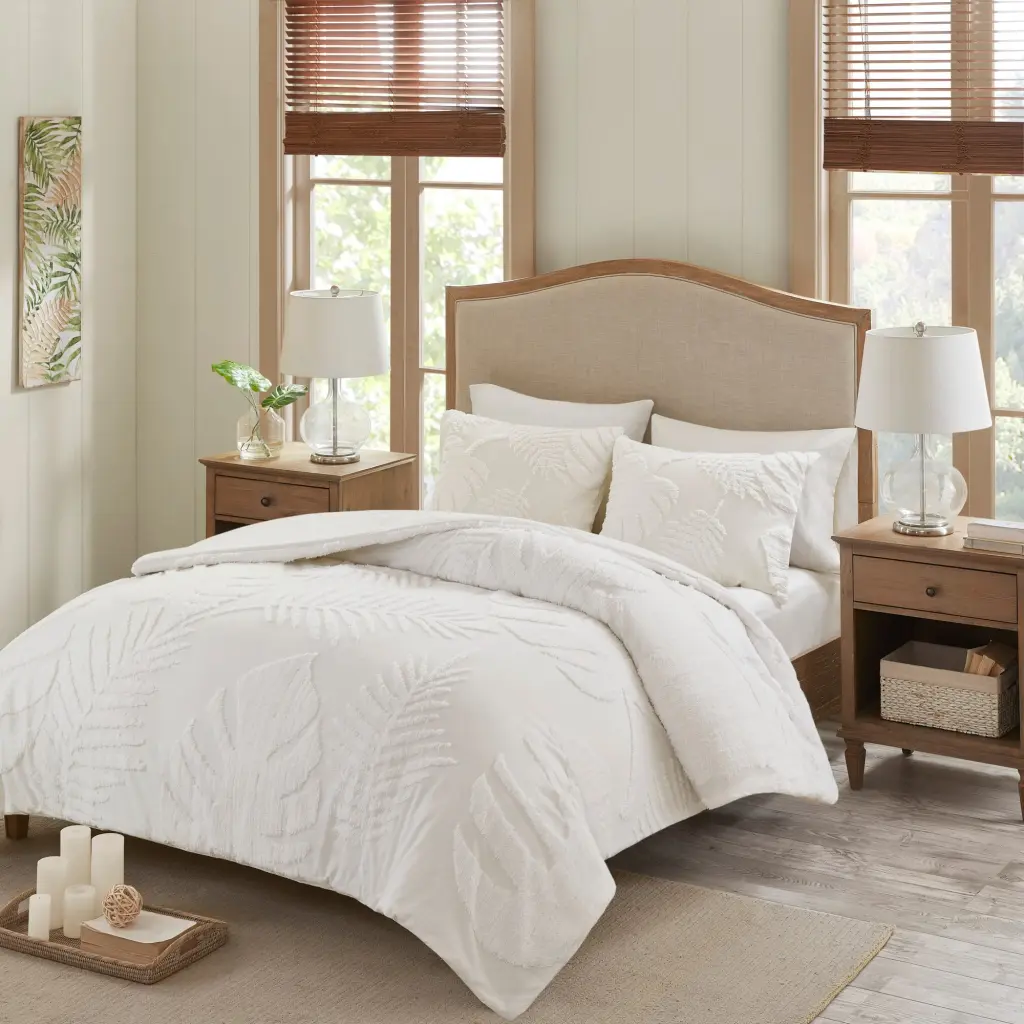 3 Piece Tufted Cotton Chenille Palm Duvet Cover Set King Size White Cotton Bedding jla