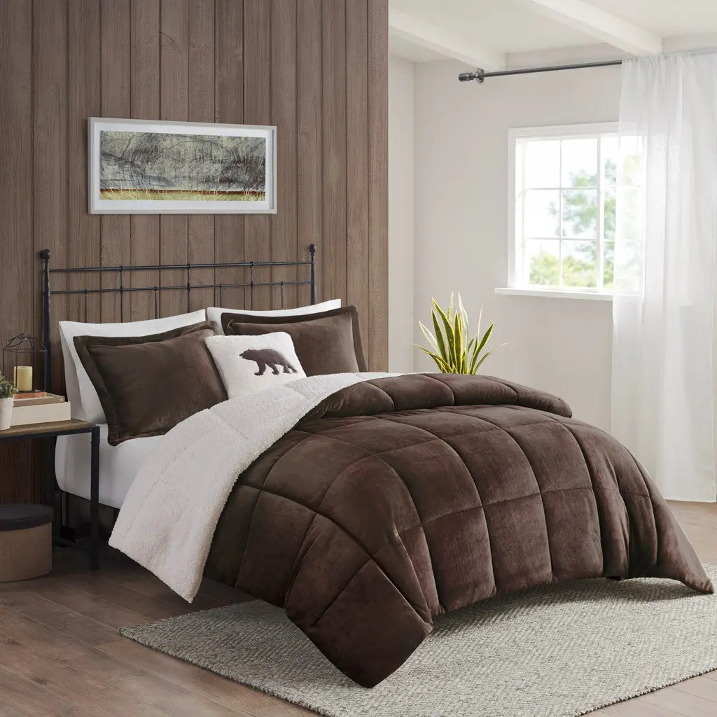 Plush To Sherpa Down Alternative Comforter Set King Size Brown Ivory Polyester jla