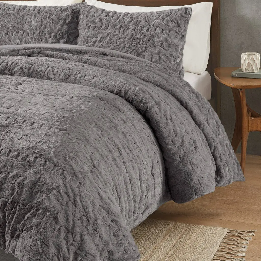 Ruched Fur Down Alternative Comforter Set King Size Grey Polyester Bedding jla
