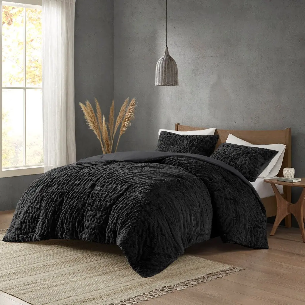 Ruched Fur Down Alternative Easeer Set King Black Polyester Bedding jla