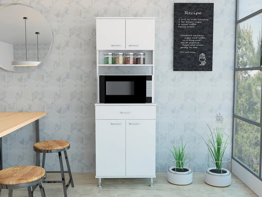 Pantry Piacenza Two Double Door Cabinet White Finish White Particle Board Storage treevol furniture