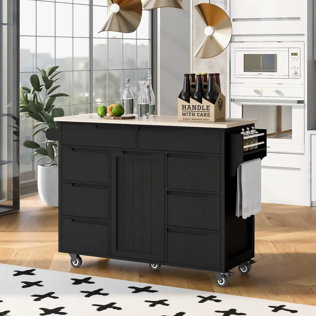 Kitchen Cart Rubber Wood Countertop - 8 Handle Freestanding Kitchen Island k-k store