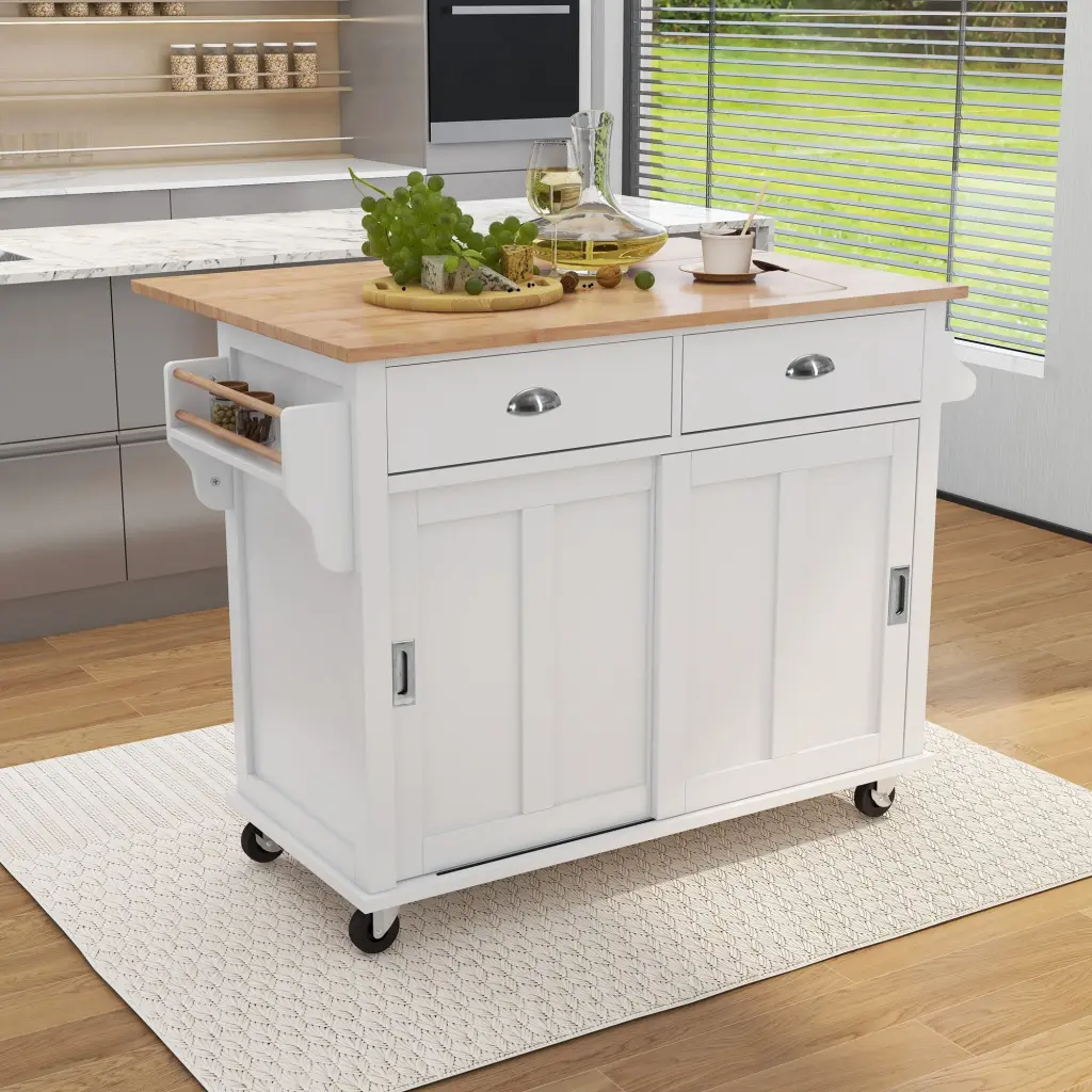 Kitchen Cart Rubber Wood Drop Leaf Countertop Concealed Sliding k-k store