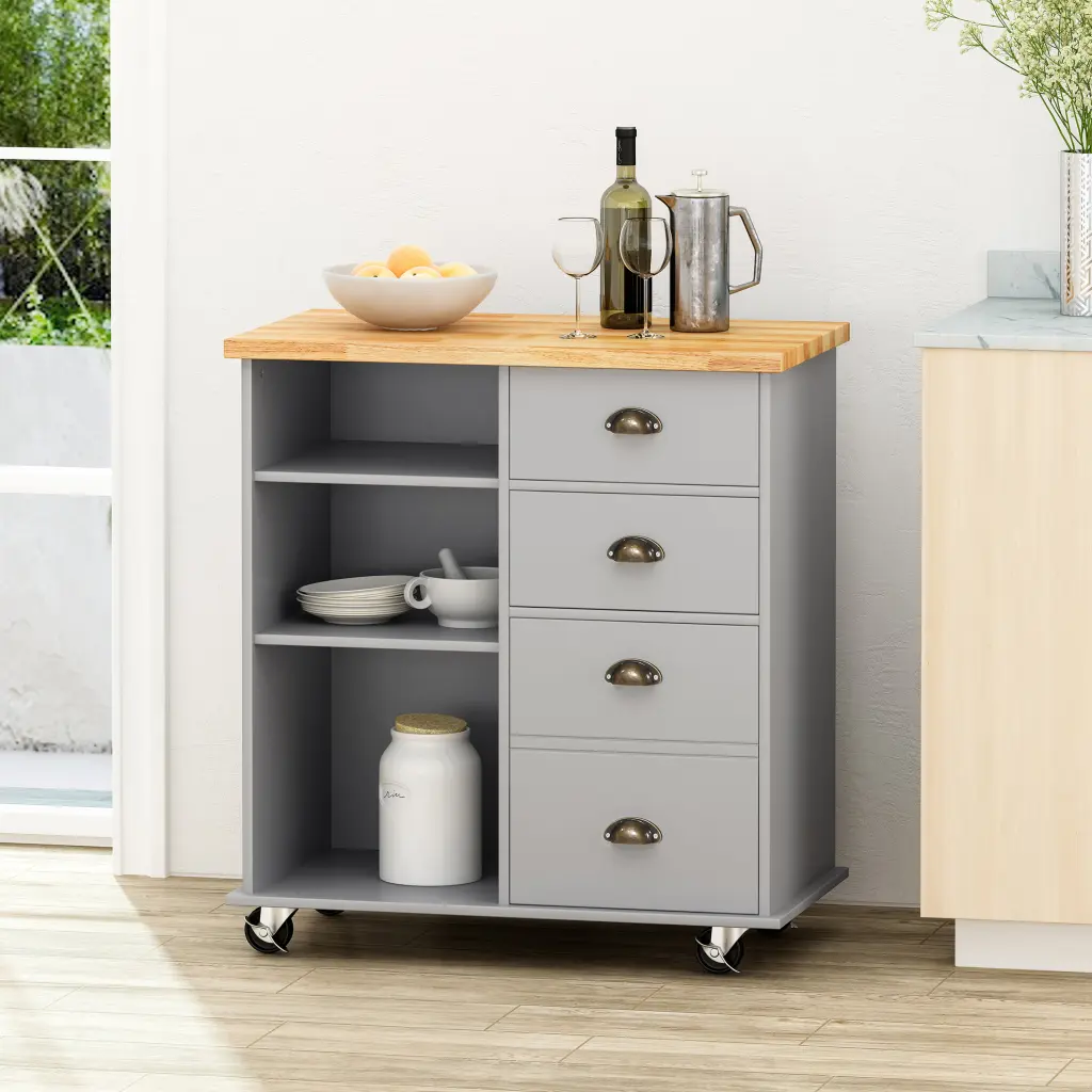 Provence Kitchen Cart 2 Drawers 1 Door Grey Wood Finish nh-sunfay