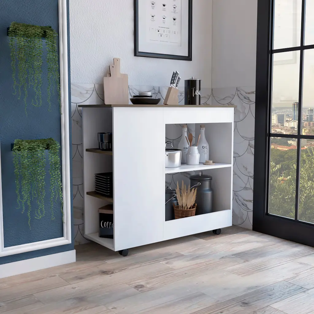 Kitchen Cart Kamizaze Two Storage Shelves Four Casters Three Side Shelves Mobile Island treevol furniture