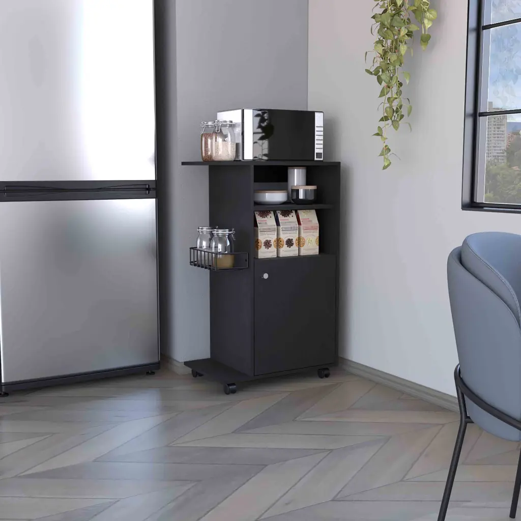 Clip Kitchen Cart Single Door Cabinet Four Casters Black Mobile Kitchen Storage tuhome