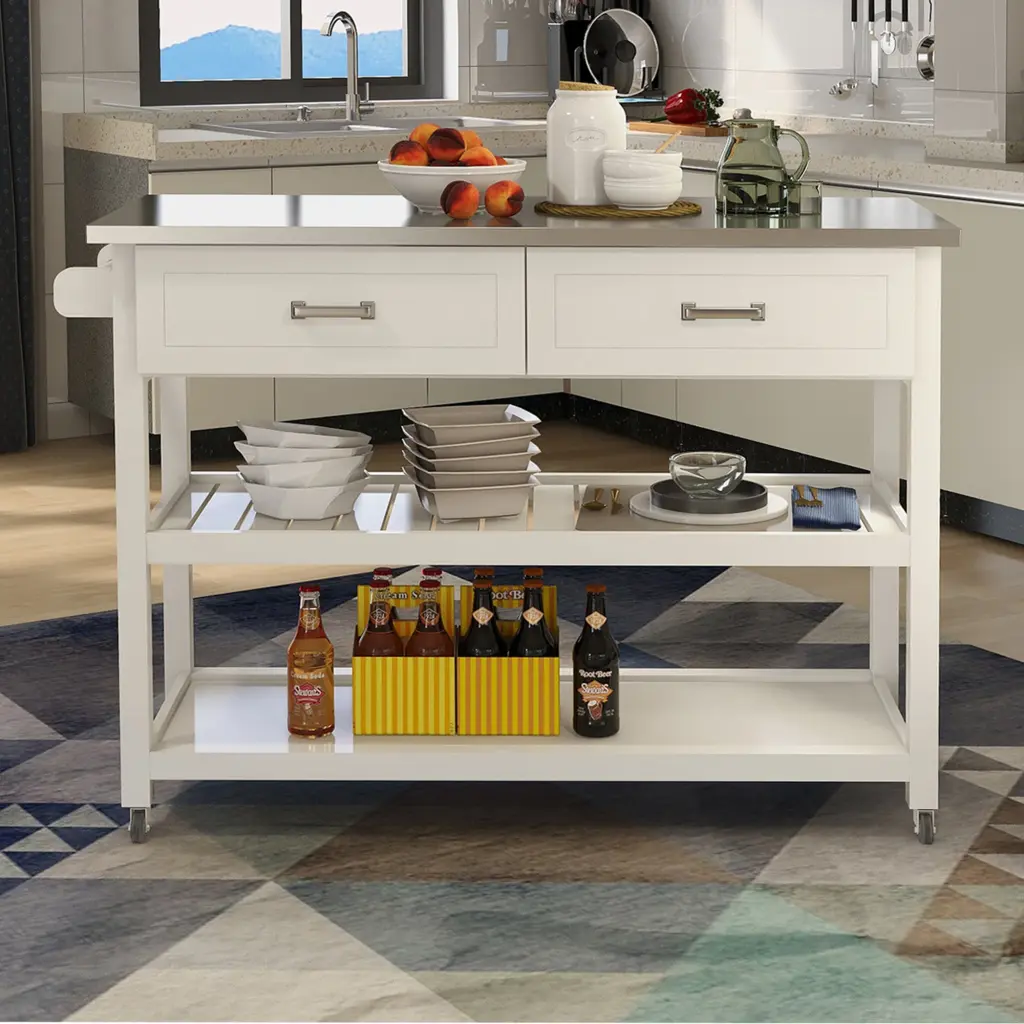 Stainless Steel Table Top White Kitchen Cart Two Drawers cl worthy houseware co.-ltd.