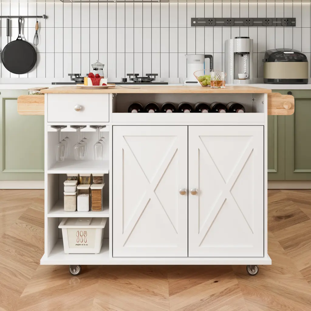 44 Inch Kitchen Island Cart Solid Wood Top Wine Storage Spice Rack Mobile Cabinet haiyi furniture