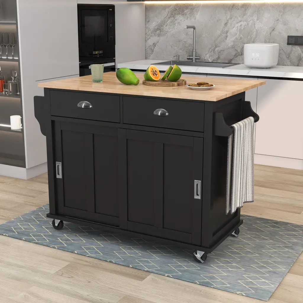 Kitchen Cart Rubber Wood Drop Leaf Countertop Concealed Sliding Storage Mobile Kitchen Island k-k store