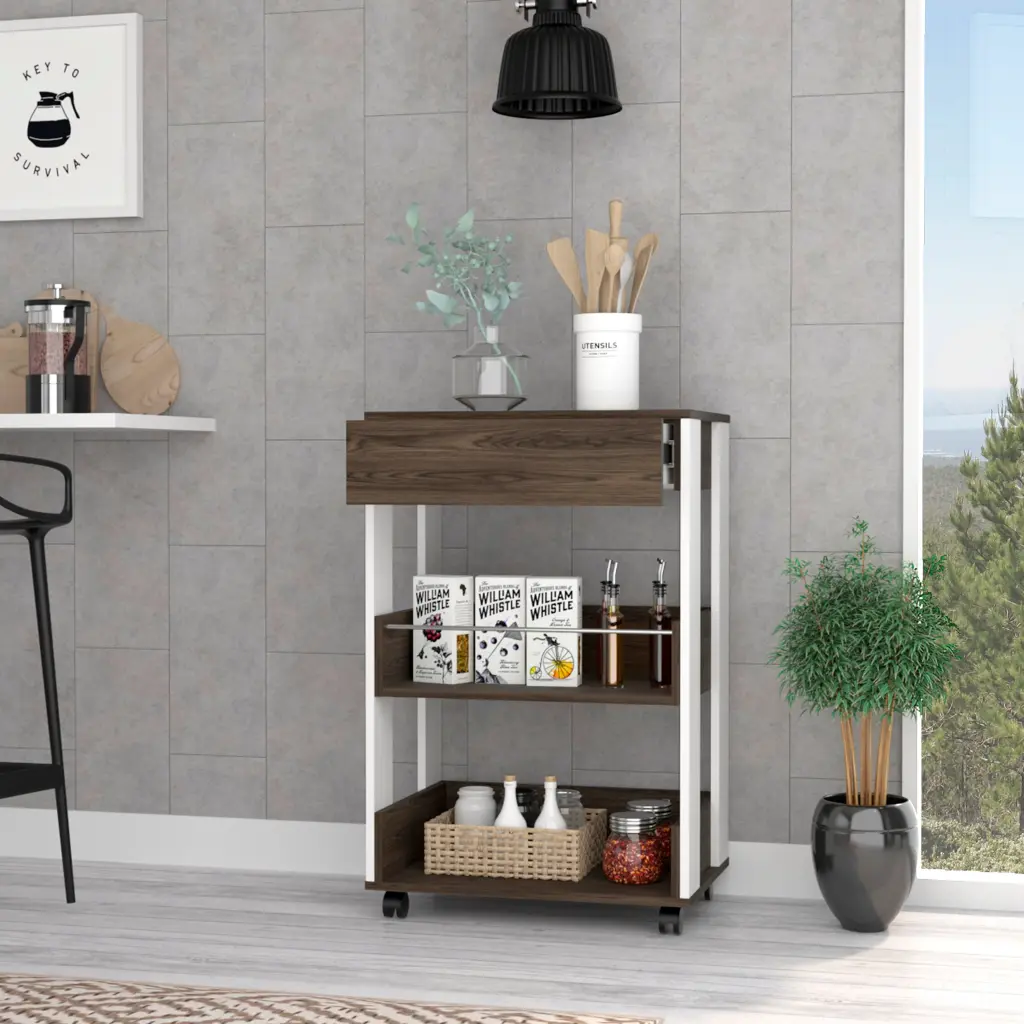 Kitchen Cart Coron Drawer Three Tier Shelves And Casters White treevol furniture