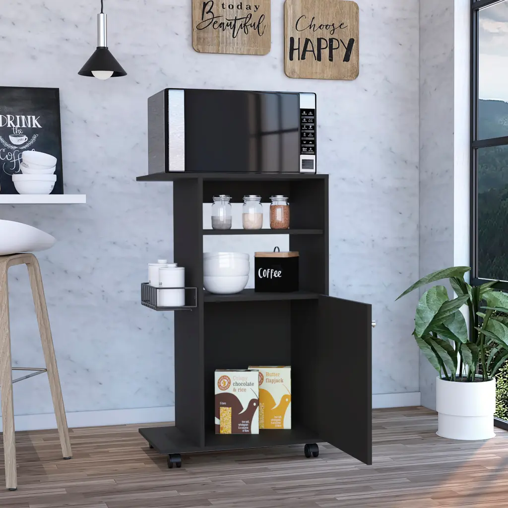 Kitchen Cart Kryot Single Door Cabinet Four Casters Black Wengue Finish treevol furniture