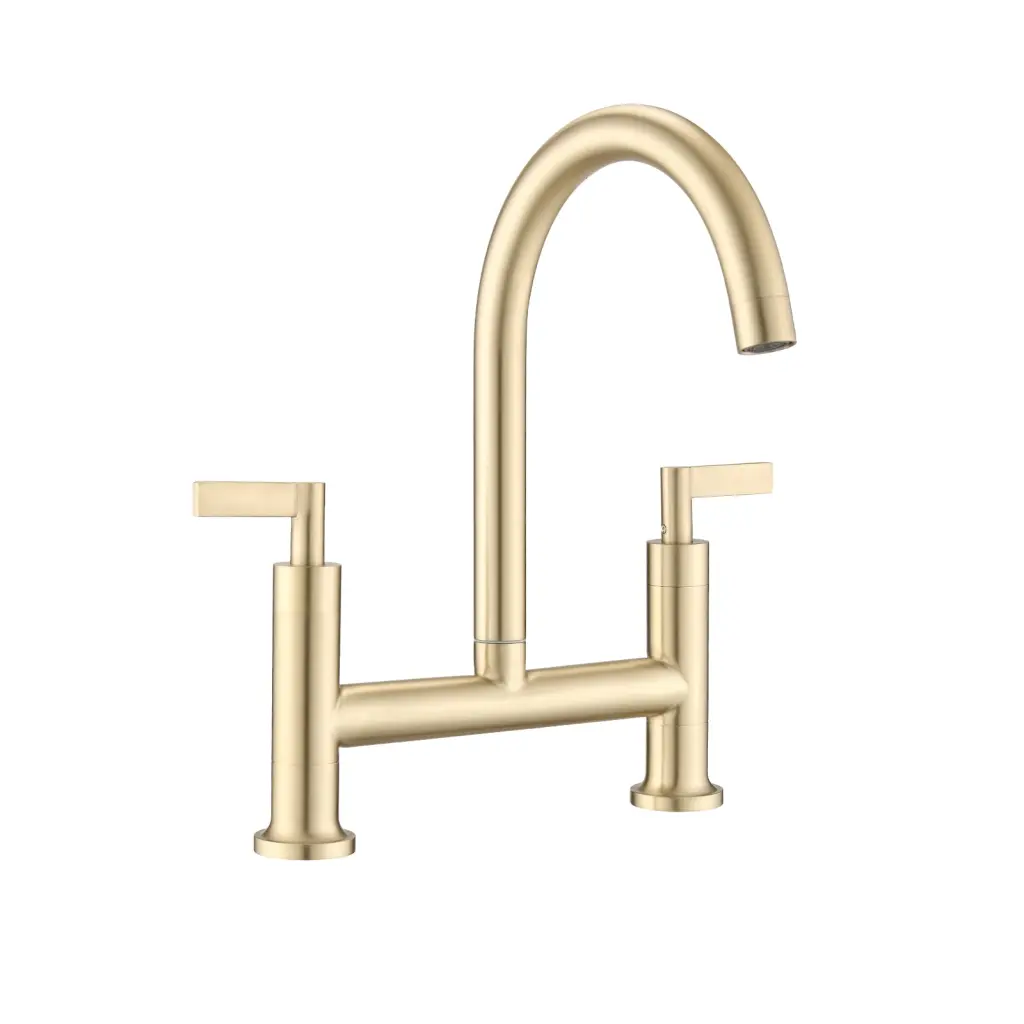 Double Handle Bridge Kitchen Faucet Stainless Steel Brushed Gold Finish whale