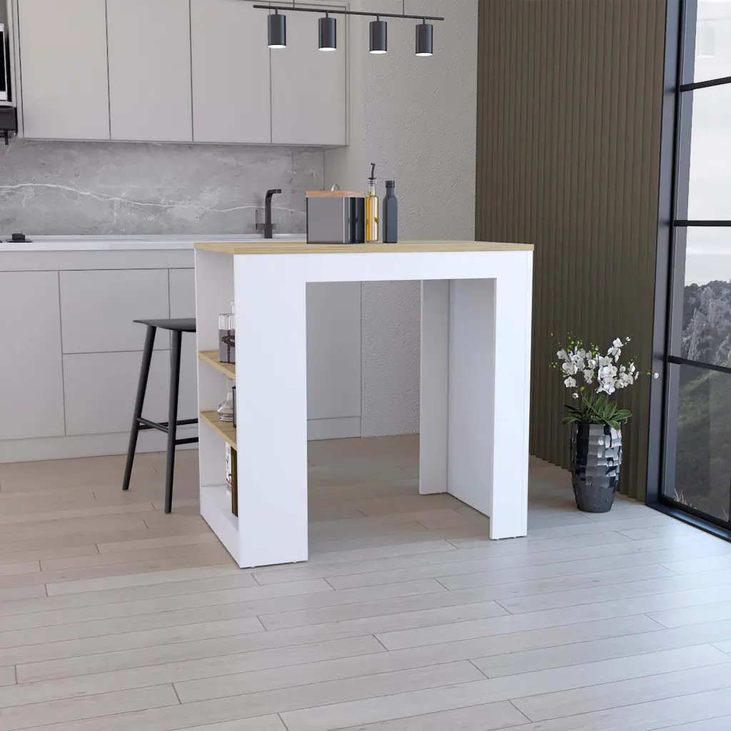 36 Inch White Kitchen Island 3 Side Shelves Mobile Breakfast Bar Table depot e-shop