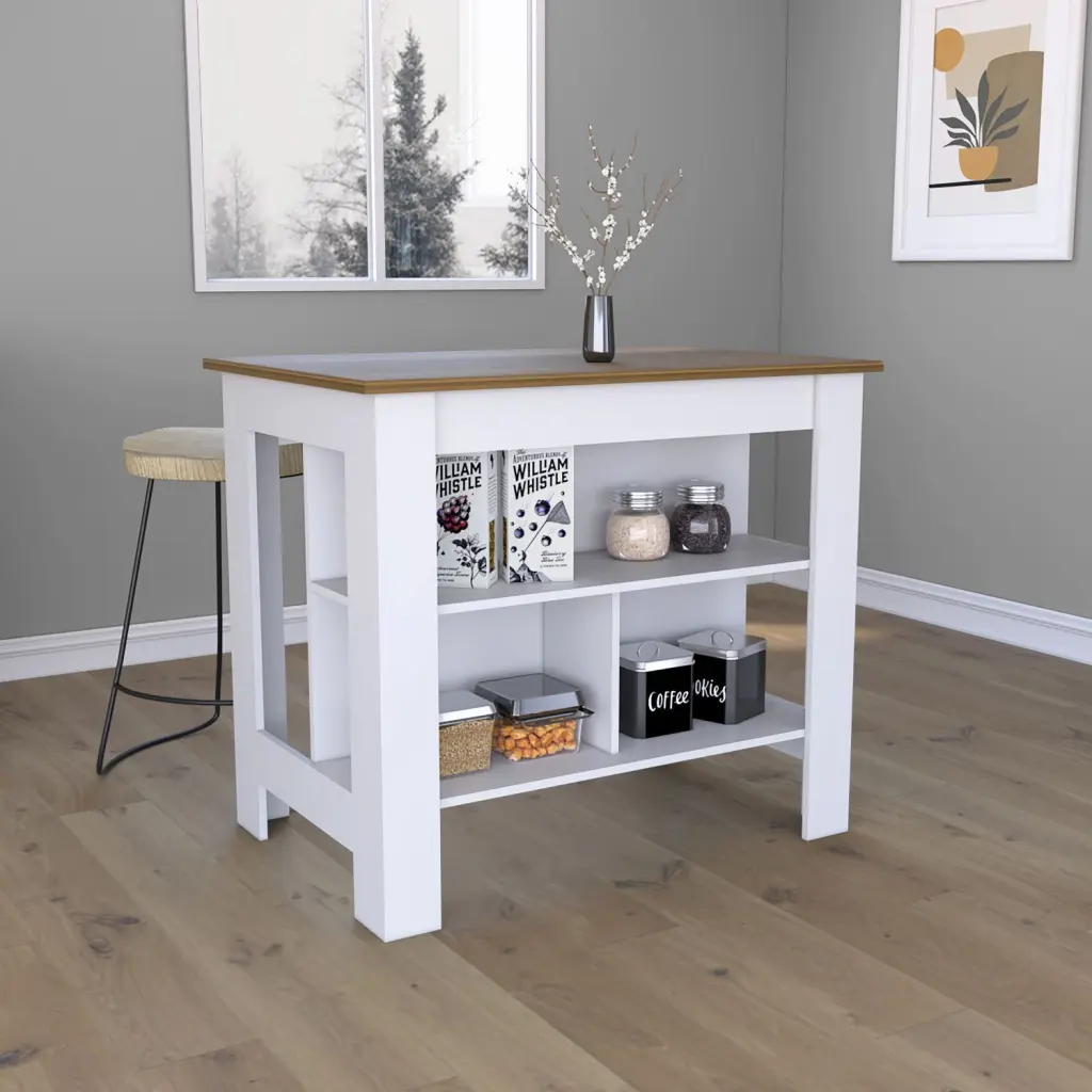 Kitchen Island Table 35 Inch Height Four Legs and Three Open Storage Shelves depot e-shop