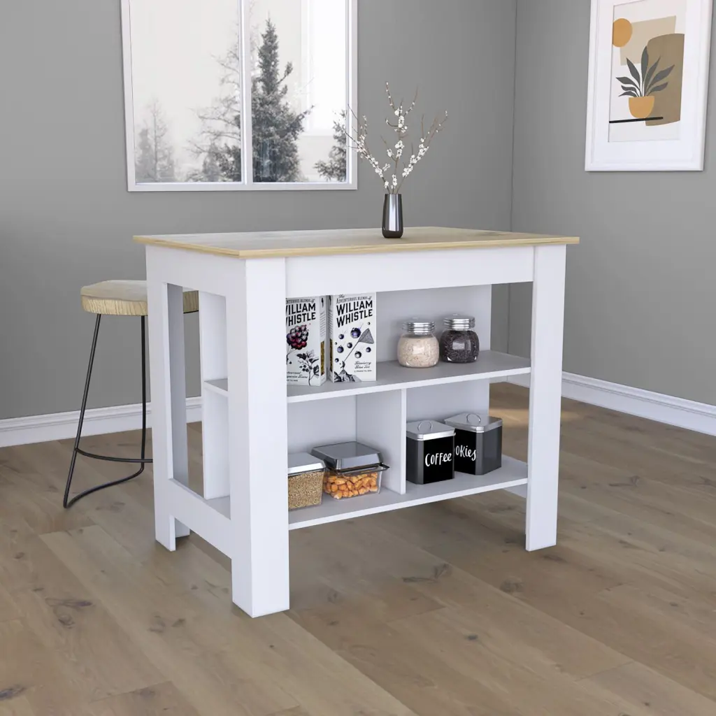 Kitchen Island Table 35 Inch Height Four Legs and Three Open Storage Shelves depot e-shop