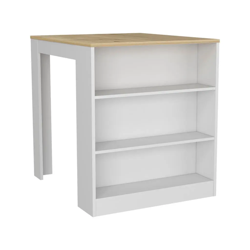Kitchen Island Table Two Legs Three Side Shelves White Pine Multi-Functional depot e-shop