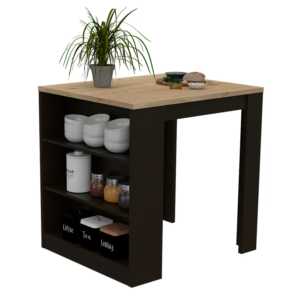 Kitchen Island Table Two Legs Three Side Shelves Black Pine Multicolor depot e-shop