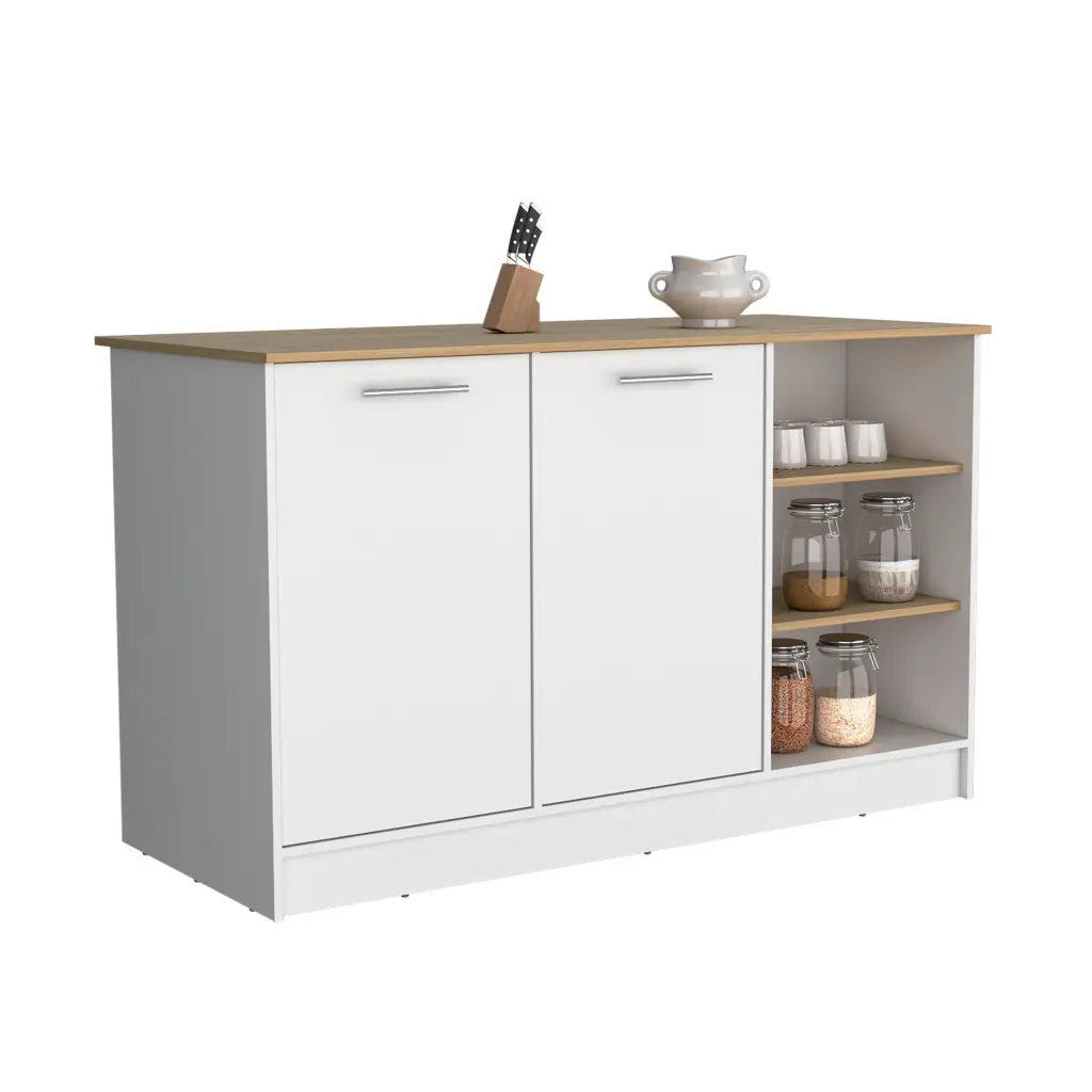 Kitchen Island Two Cabinets and Three Open Shelves White Natural Oak depot e-shop