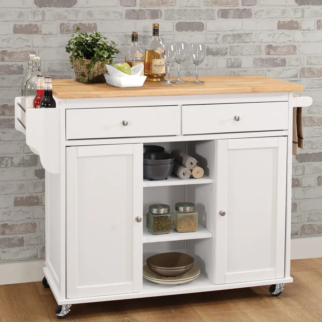 Natural and White 2 Door Kitchen Cart 2 Drawers Mobile Dining Storage Cabinet furniture max
