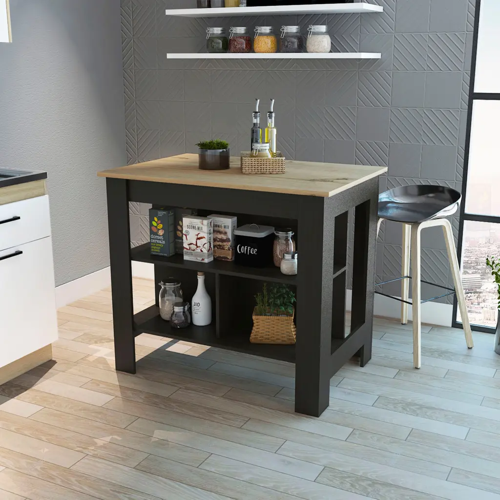 Rockaway 3 Shelf Kitchen Island Black Wengue and Light Oak Black Particle Board furniture max