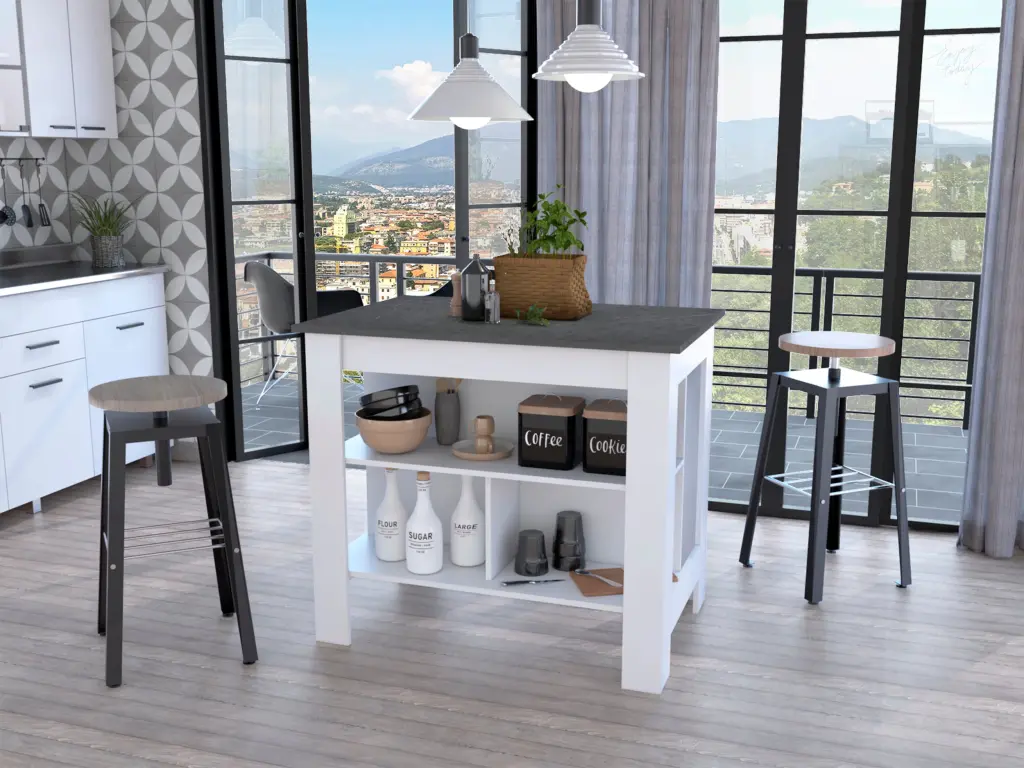 Rockaway 3 Shelf Kitchen Island White and Onix White Particle Board furniture max