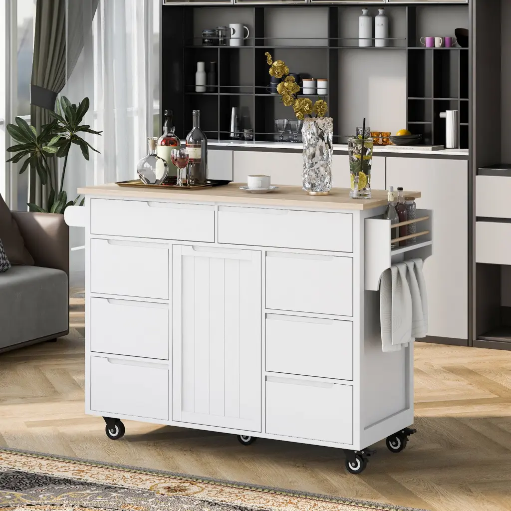 Kitchen Cart Rubber Wood Countertop 8 Handle Freestanding Kitchen Island k-k store