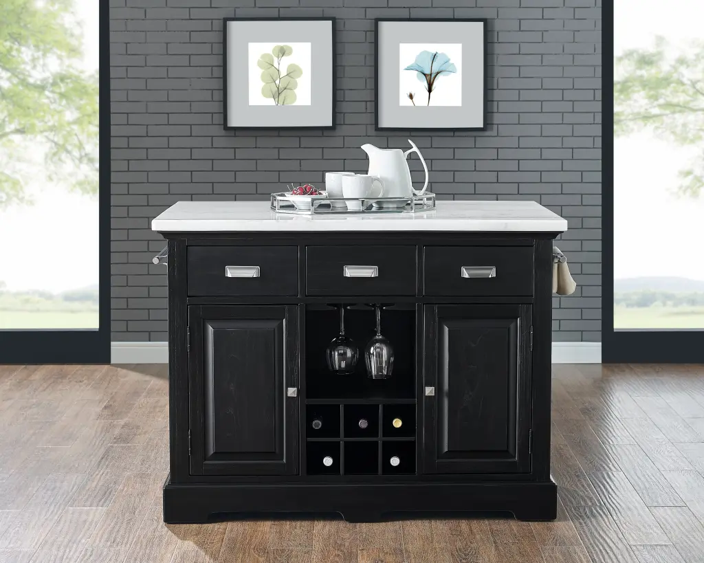 Aspen Kitchen Island Black Black Marble Countertop Storage steve silver furniture
