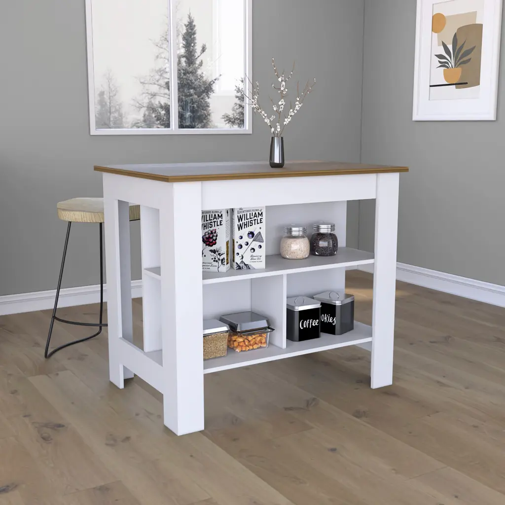 Kitchen Island Dozza, Three Shelves, White Walnut Finish treevol furniture