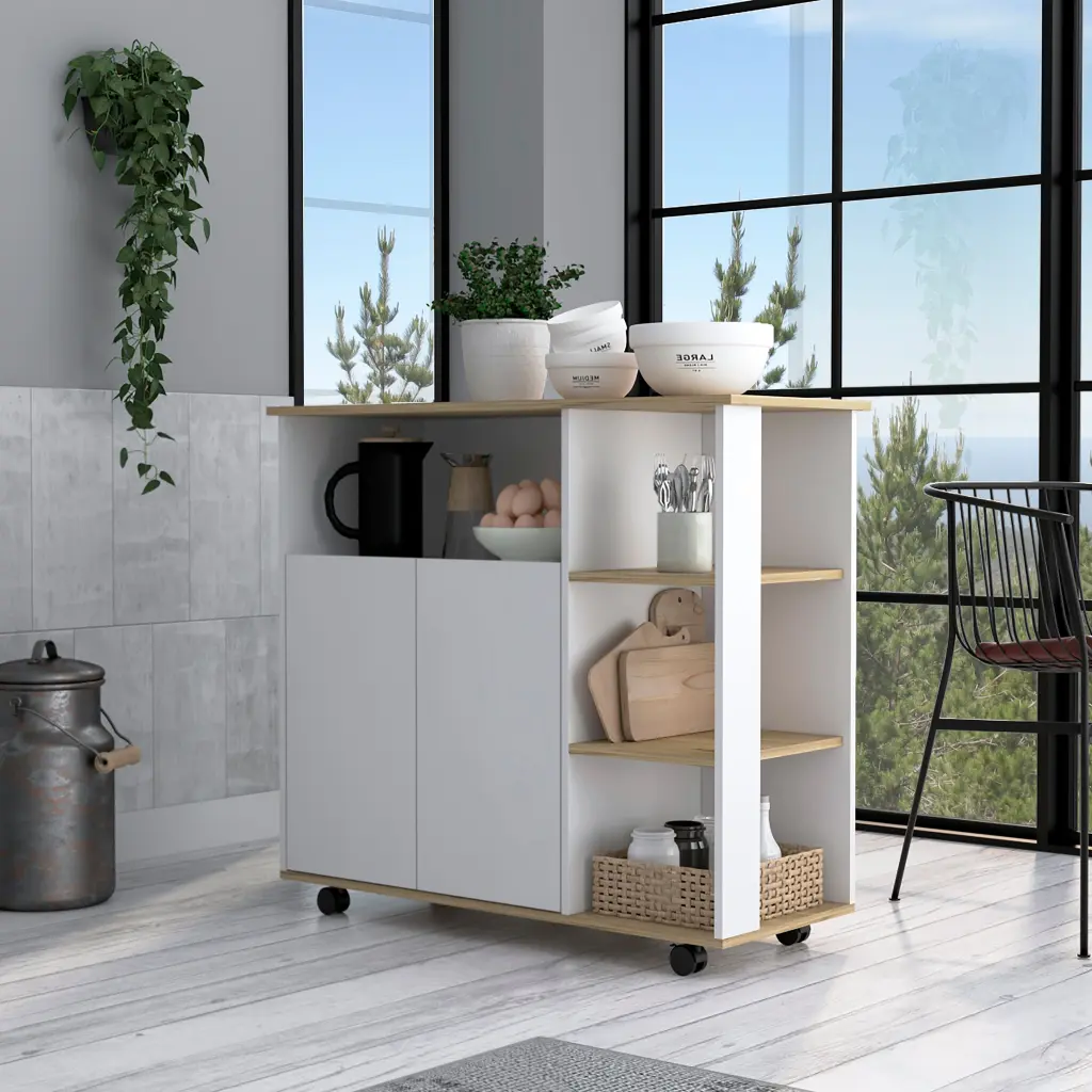 Kitchen Island One Cabinet and Four Open Shelves Light Oak White treevol furniture