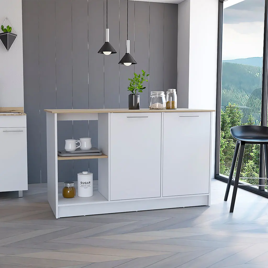 Juniper Kitchen Island Four Open Shelves Two Cabinets Light Oak White Finish Mobile Island tuhome
