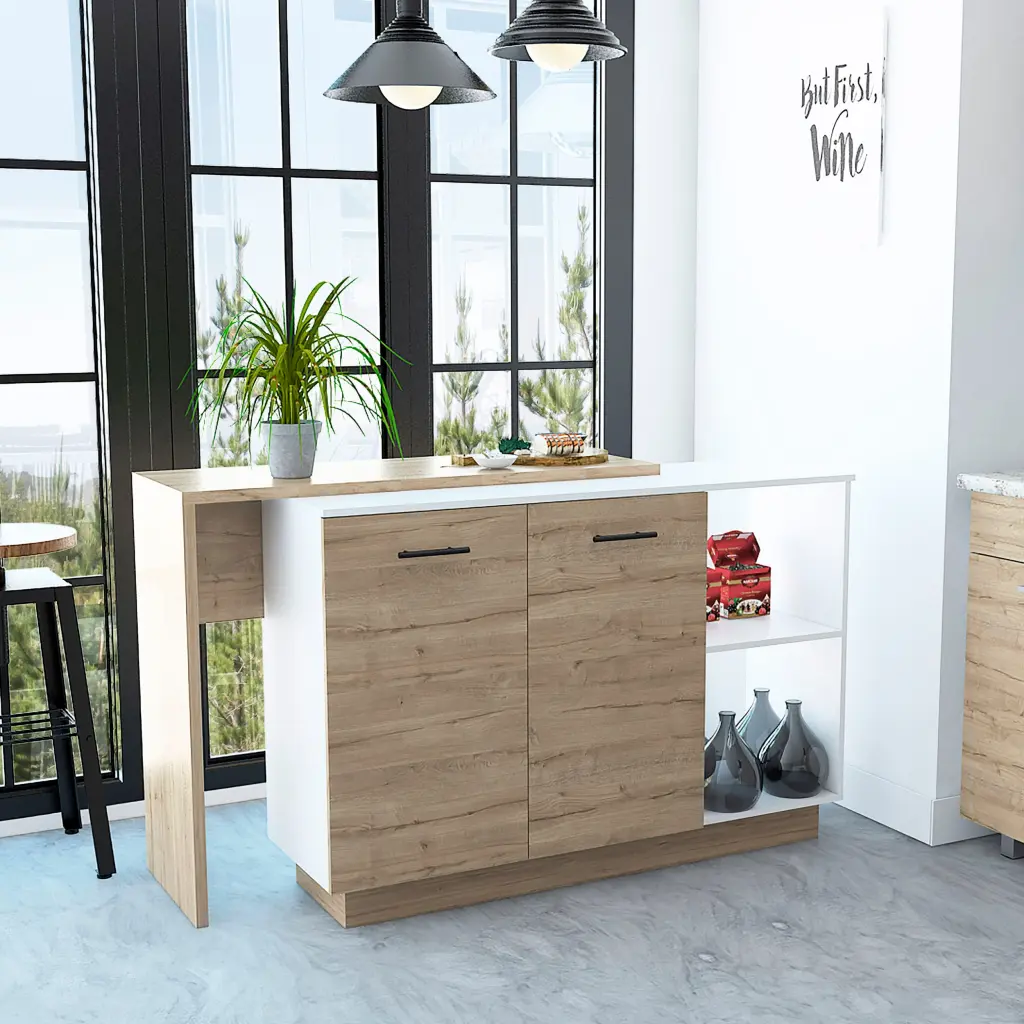 Sicilia Kitchen Island Two External Shelves and Double Door Cabinets tuhome