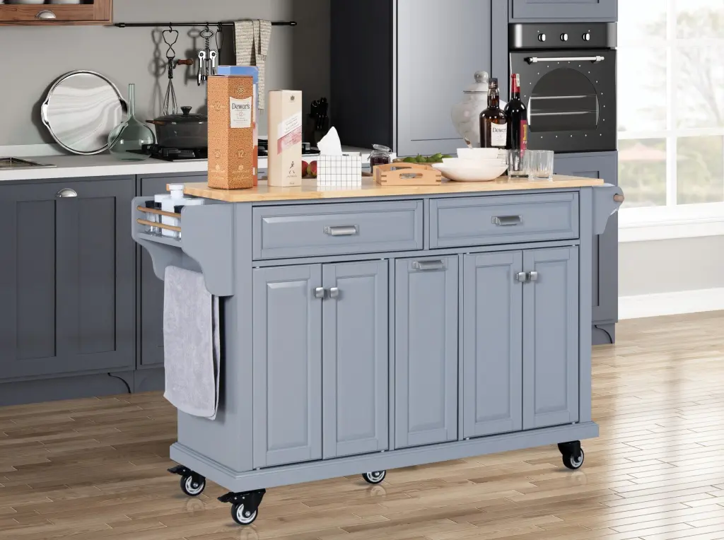 Kitchen Island Rubber Wood Countertop 5 Wheel Mobile Cart ws furniture