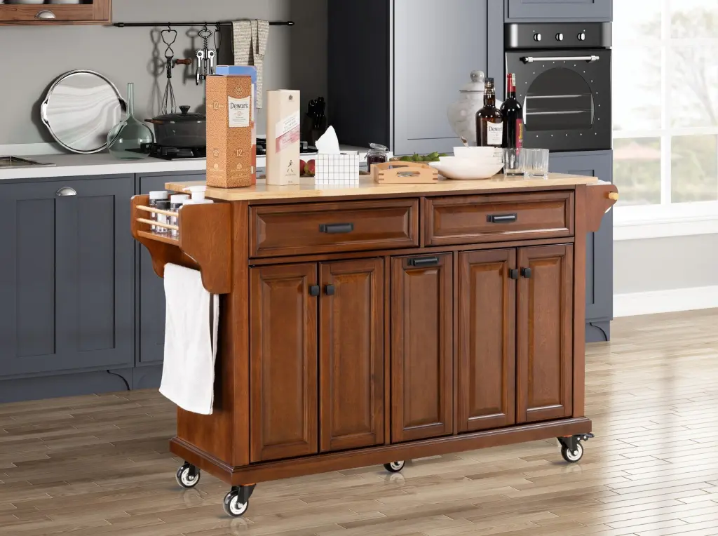 Kitchen Island Rubber Wood Countertop and 5 Wheels Rolling Cart ws furniture