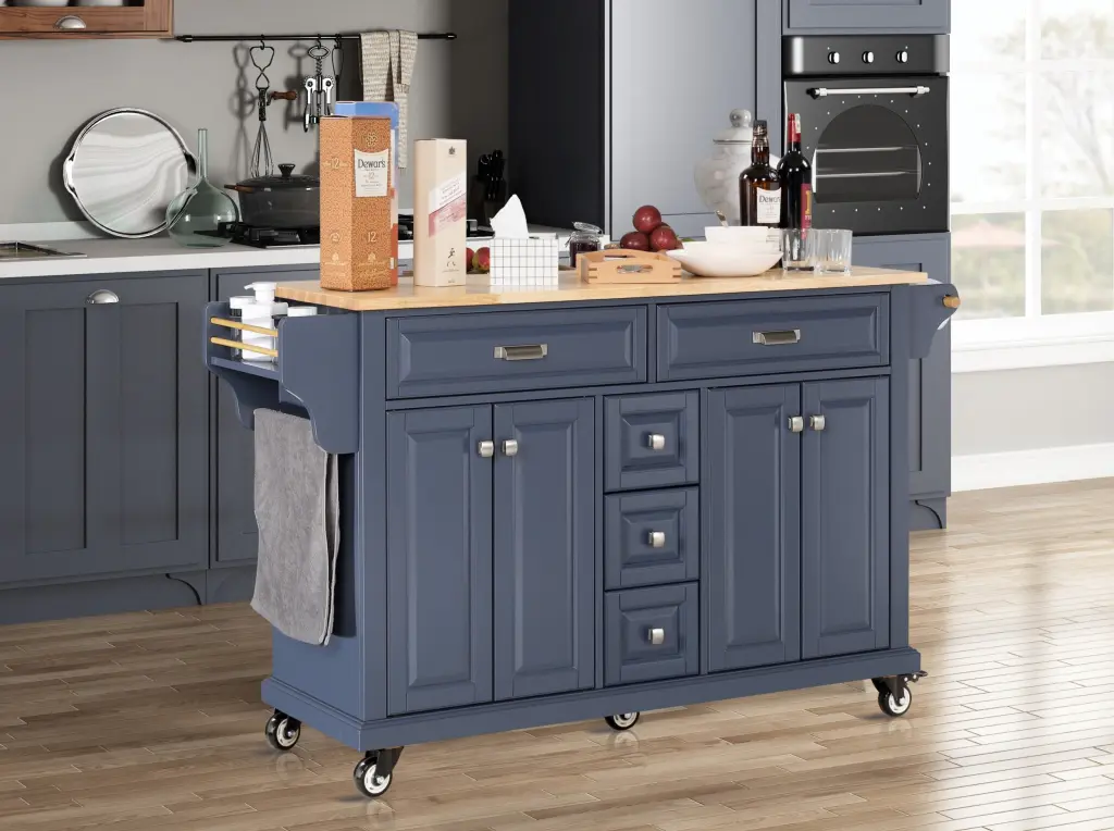 Kitchen Island Rubber Wood Countertop On 5 Wheels Mobile Kitchen Cart ws furniture