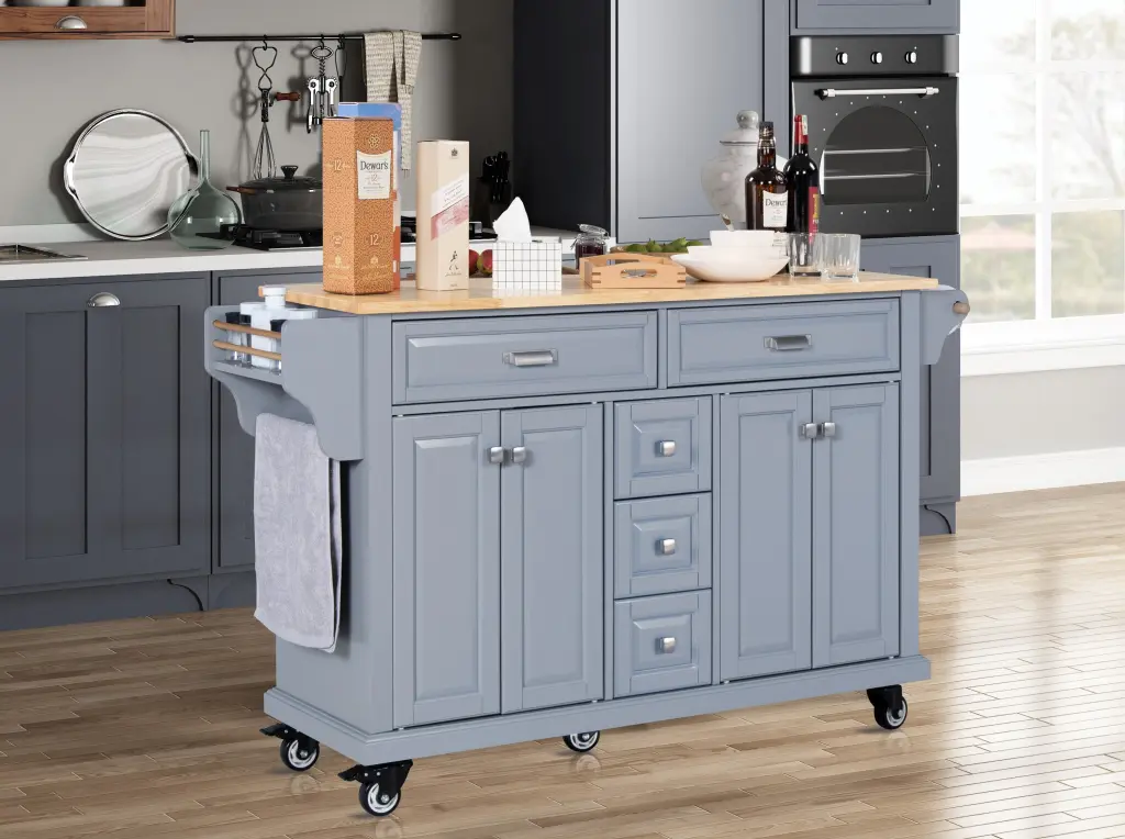 Kitchen Island Rubber Wood Countertop On 5 Wheels Mobile Kitchen Cart Storage ws furniture