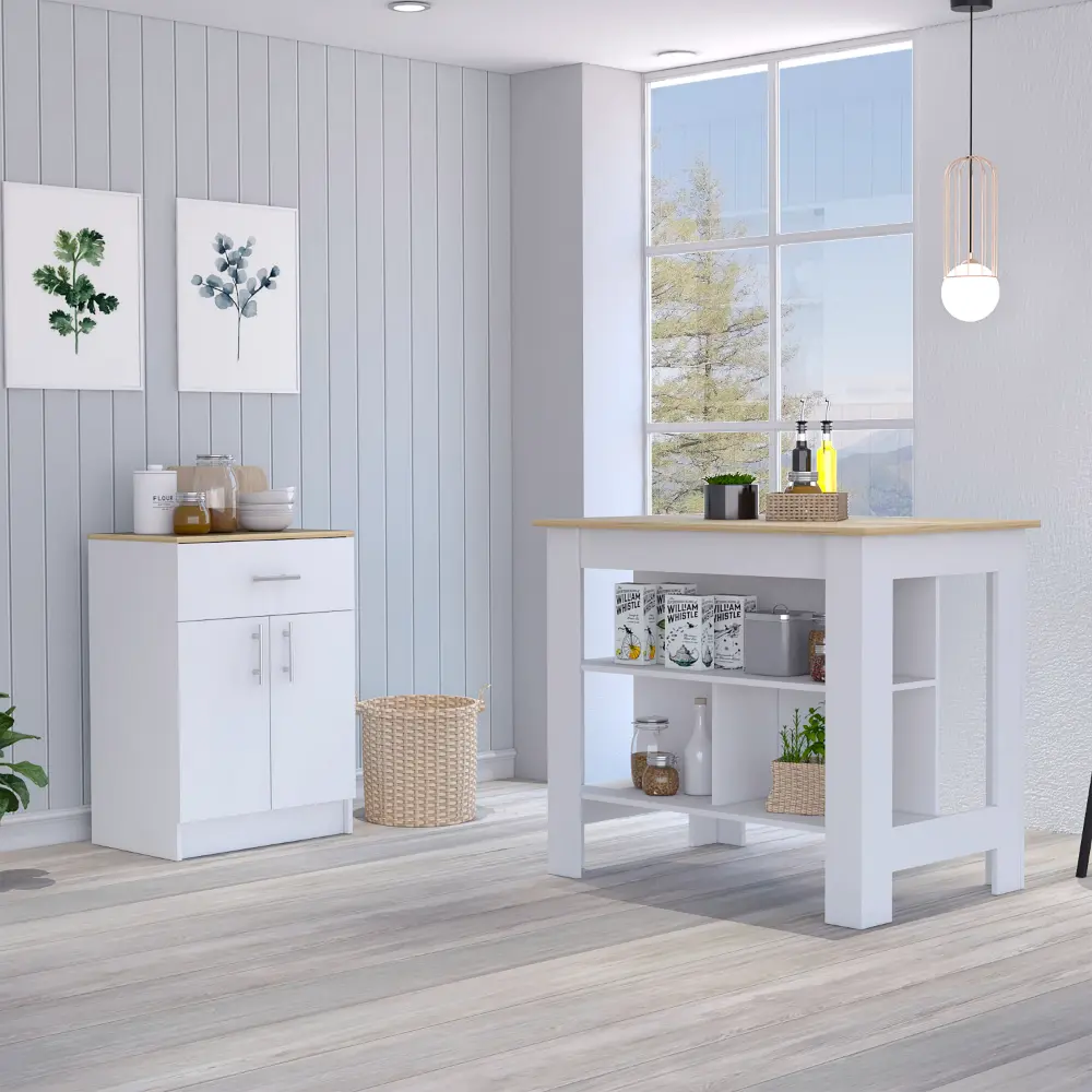2 Piece Kitchen Set Island Pantry Cabinet White Light Oak depot e-shop