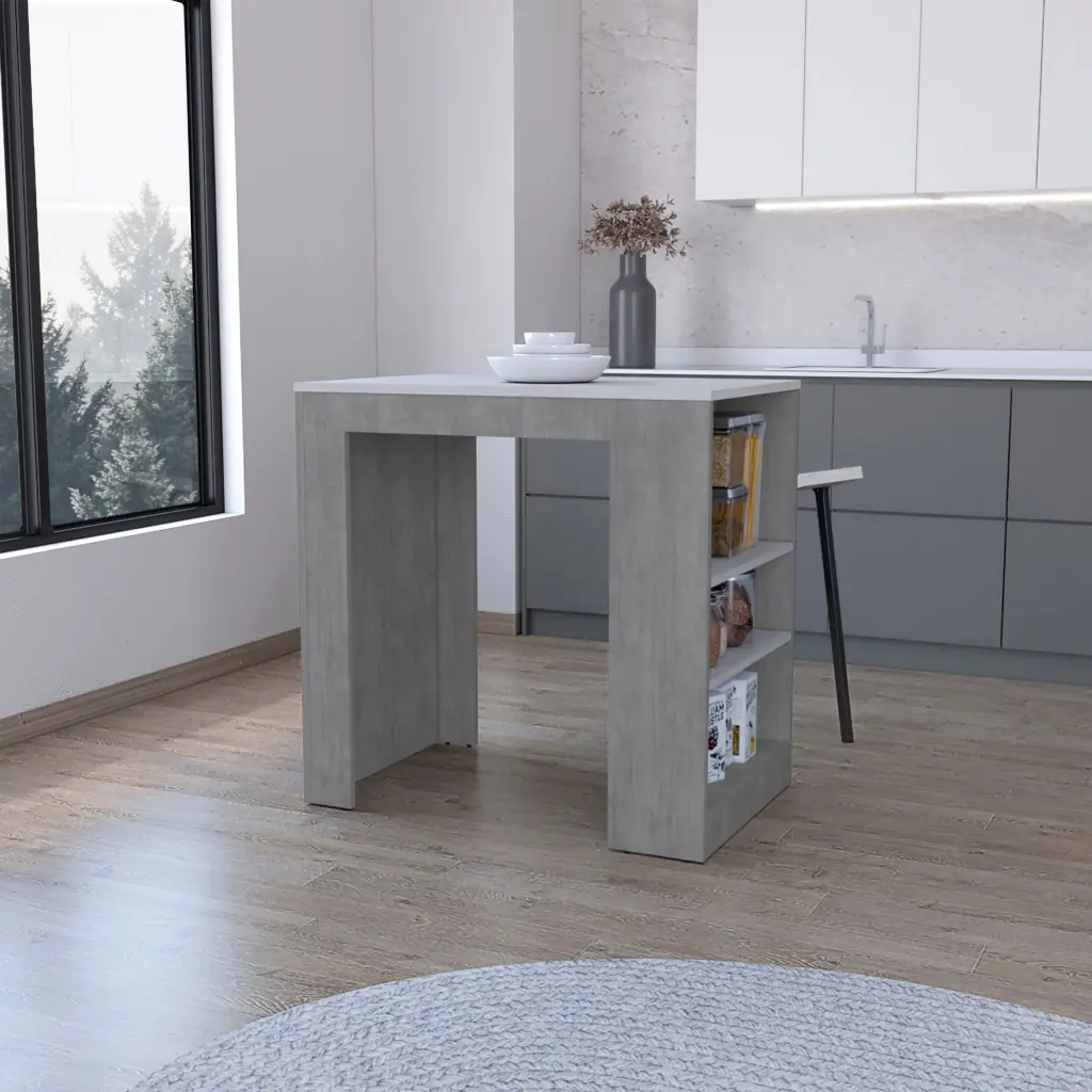 Harlan Kitchen Island Counter Height Table Top 3 Side Shelves fm furniture